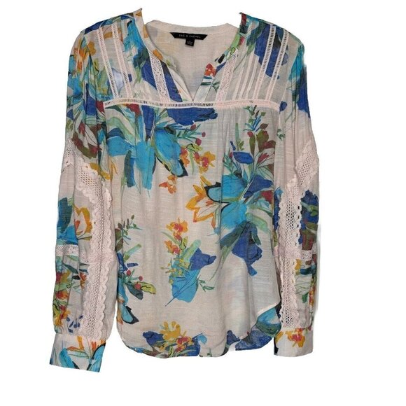 Zac & Rachel Tunic Top Womens L Pink Blue Floral 100% Cotton Button Cuff Boho - Picture 1 of 12